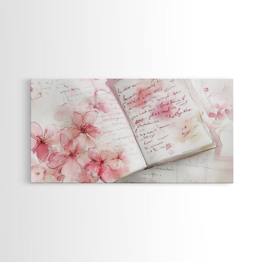 Cherry Blossom Journal Canvas Print | Whimsical Pink Wall Art | Cottagecore Framed Canvas Print | Feminine Writing Room Art