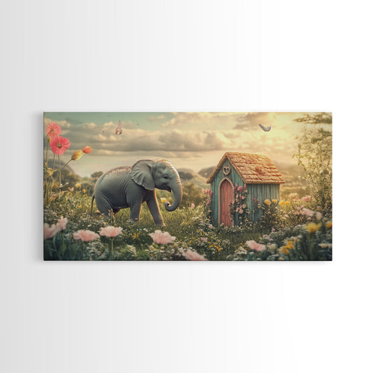 Pastoral Elephant House Canvas Print Rustic Cottagecore Wall Art Pink Abstract Art Gift Idea Bedroom Art For Her