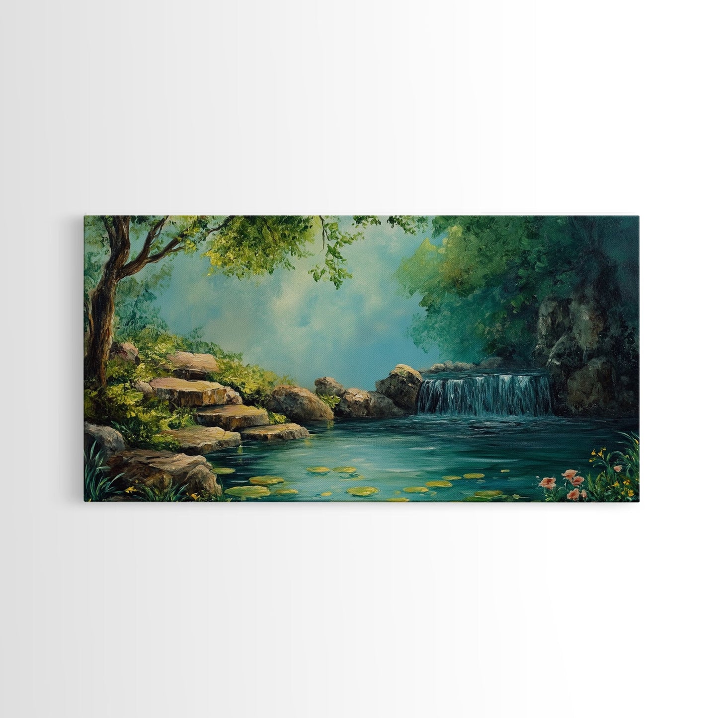 Ruhiges Wasserfall-Landschaftsbild, gerahmter Leinwanddruck, rustikale Wohnzimmerdekoration, friedliche Naturszene, Wandbild im Landhausstil