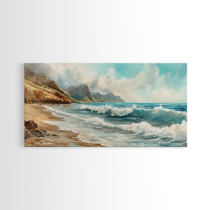 Coastal Landscape Canvas Print with Ocean Waves and Misty Cliffs, Nautical Wall Art Gift Idea, Coastal Decor Beach Painting