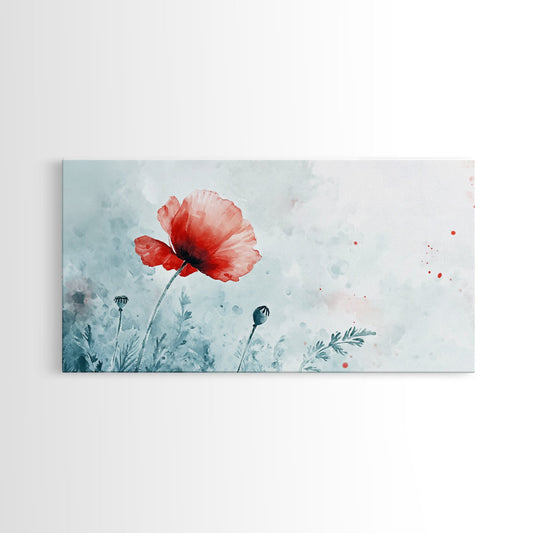 Red Poppy Watercolor Canvas Print Minimalist Floral Wall Art Light Pink Rustic Decor Bedroom Art Gift Idea Living Room Artwork