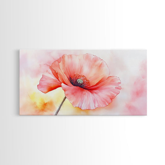 Pink Poppy Floral Canvas Print Light Botanical Wall Art Vertical Rustic Decor Cottagecore Style Gift Idea Framed Artwork