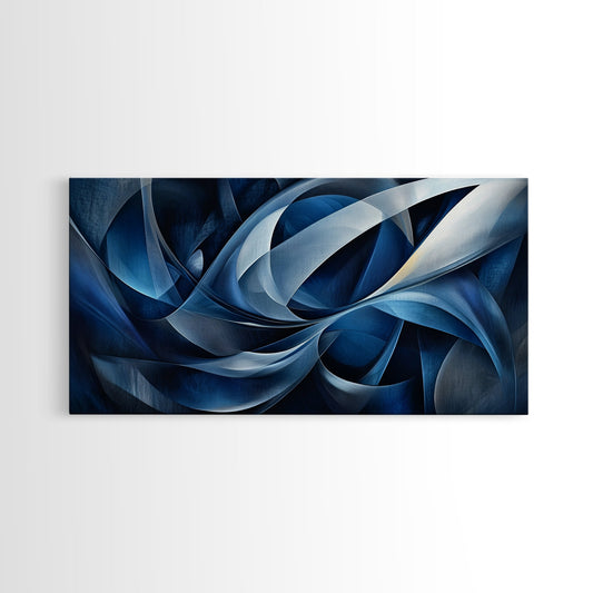 Abstract Blue Swirls Canvas Print, Geometric Wall Art Horizontal Decor, Moody Modern Artwork Gift Idea Living Room Panoramic Art