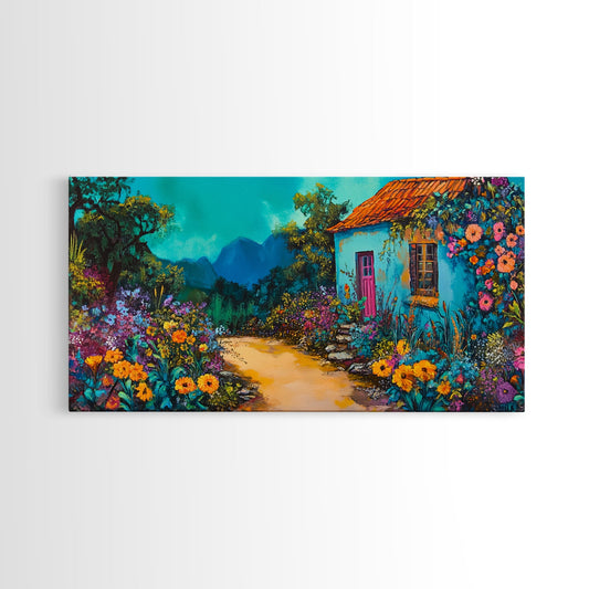 Floral Mountain Cottage Canvas Print, Rustic Wall Art Cottagecore Guest Room Decor, Wildflower Landscape Panoramic Living Room Design