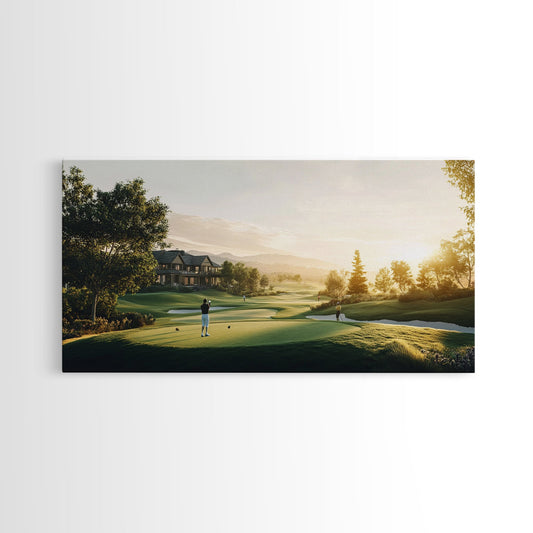 Golf Course Sunset Canvas Print Panoramic Landscape Art Rustic Decor Above Bed Artwork Gift Idea Extra Wide Horizontal Wall Art