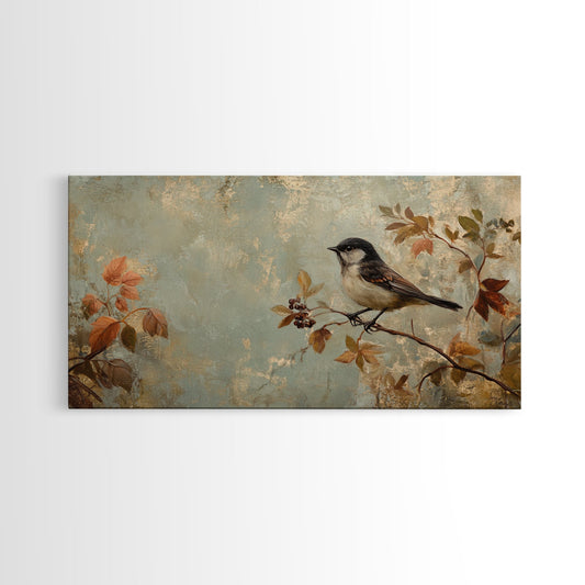 Bird On Branch Canvas Print Whimsical Art Cottagecore Wall Art Vintage Farmhouse Decor Botanical Prints Rustic Bedroom Art Gift Idea