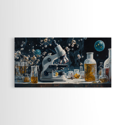 Science Art Framed Canvas Print, Microscope Molecular Wall Decor, Unique Therapy Art, Coastal Modern Living Room Art Gift Idea