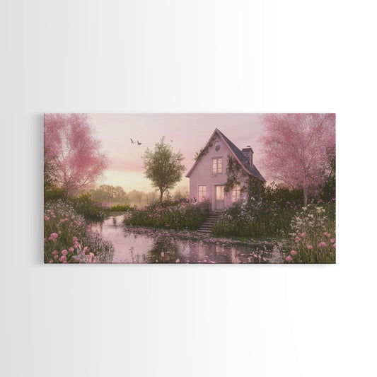 Pink Cottage Charm Framed Canvas Print Featuring Cherry Blossom Painting and Cottagecore Wall Art Above Sofa Art Living Room Decor