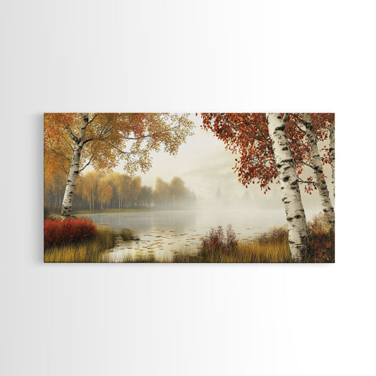 Golden Autumn Mist Canvas Print Featuring Birch Tree Painting and Moody Art Rustic Wall Art Above Sofa Art for Living Room