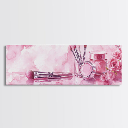 Pink Makeup Brushes Framed Canvas Print - Light Pink Wall Art, Whimsical Beauty Art, Cottagecore Bedroom Decor, Romantic Living Room Art