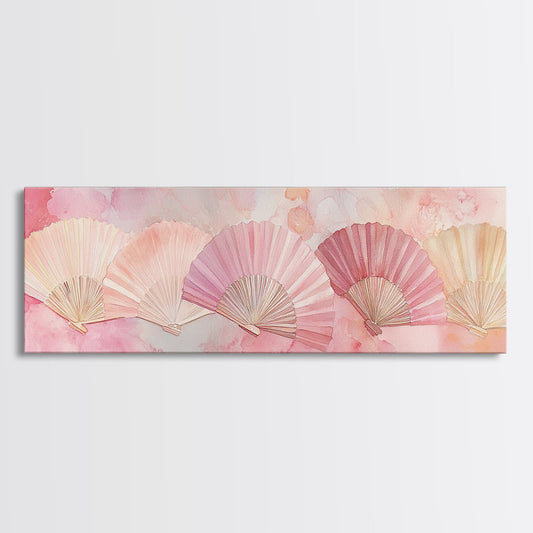 Japanese Fan Inspired Canvas Print, Pink Wall Art with Delicate Oriental Touch, Long Narrow Wall Decor, Modern Cottagecore Aesthetic