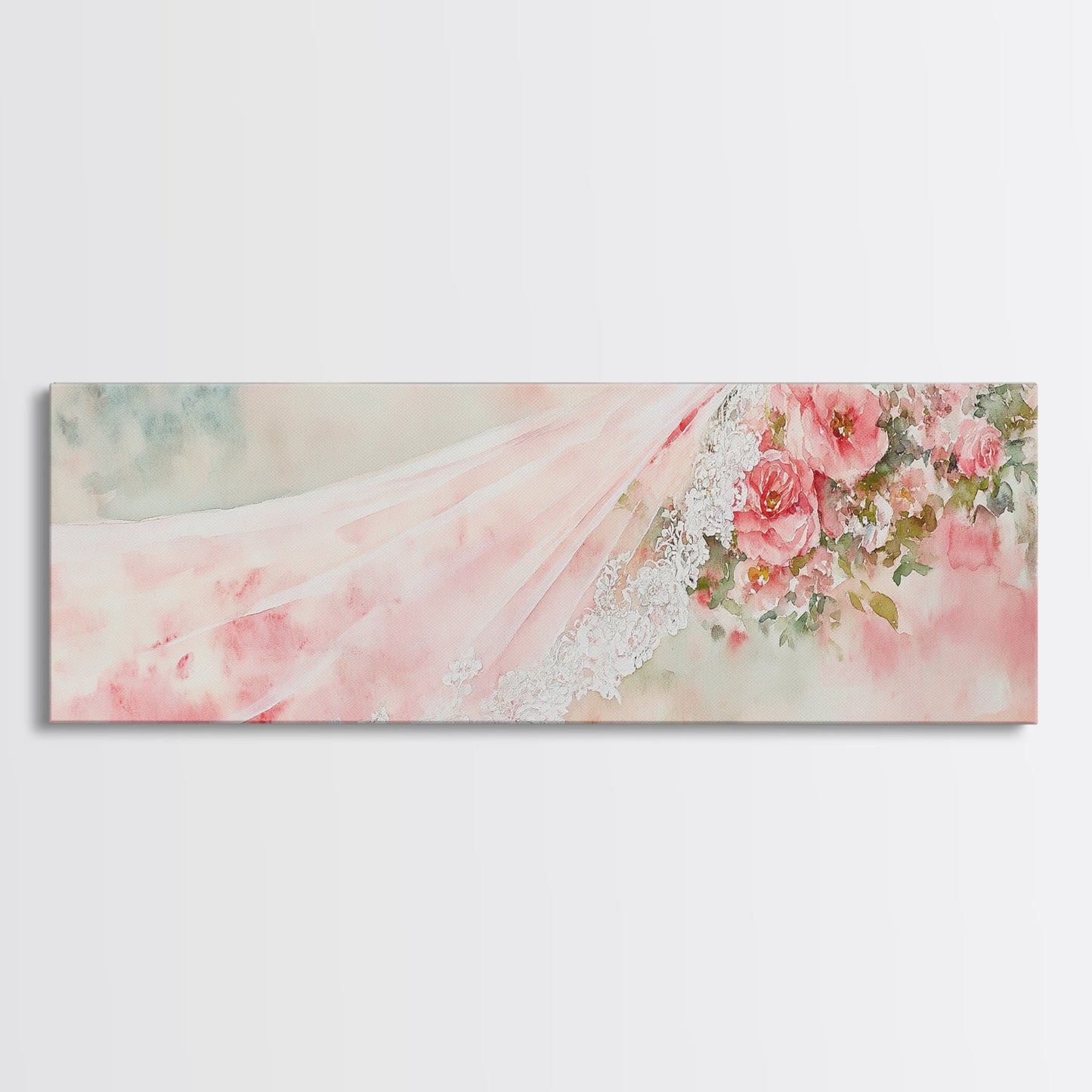 Romantic Rose Painting Canvas Print Featuring Bridal Lace, Botanical Prints Ideal Bedroom Art or Wedding Gift Idea