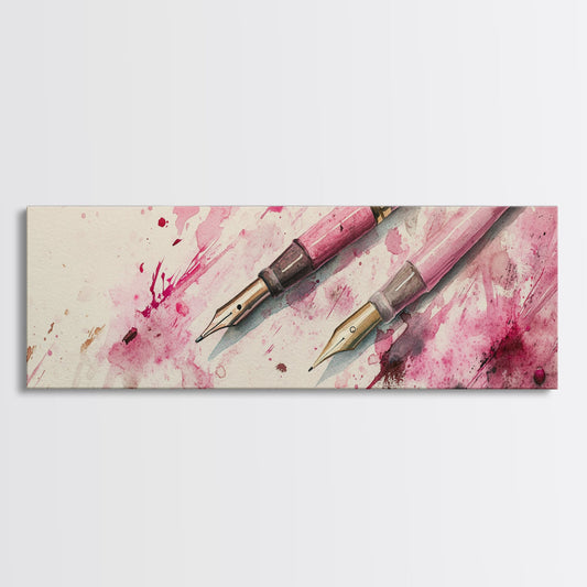 Vintage Fountain Pen Canvas Print Featuring Pink Abstract Art, Office Decor with Artistic Flair, Ideal Gift for Writers and Creatives