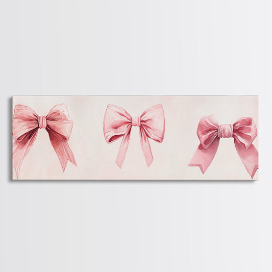 Light Pink Wall Art Canvas Print with Bows Decor, Minimalist Painting, Bedroom Art, Horizontal Abstract Artwork for Living Room