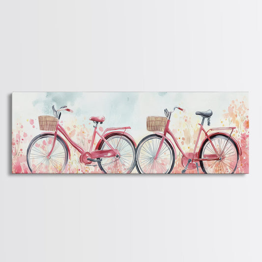 Pink Bicycle Canvas Print with Romantic Wildflower Theme, Coastal Landscape Art, Whimsical Cottagecore Bedroom or Living Room Wall Art