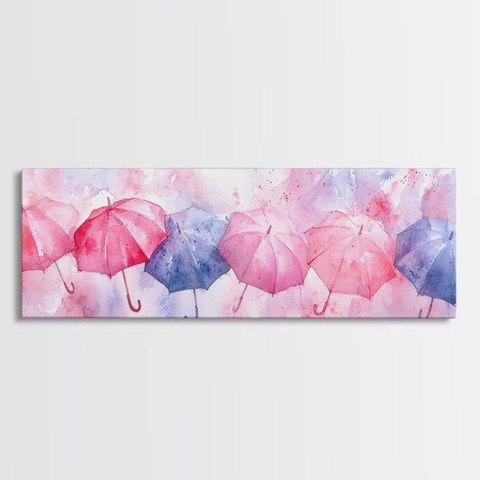 Multicolor Umbrella Canvas Print in Pink Orange Wall Art Style, Whimsical Boho Coastal Decor, Living Room or Bedroom Vertical Artwork