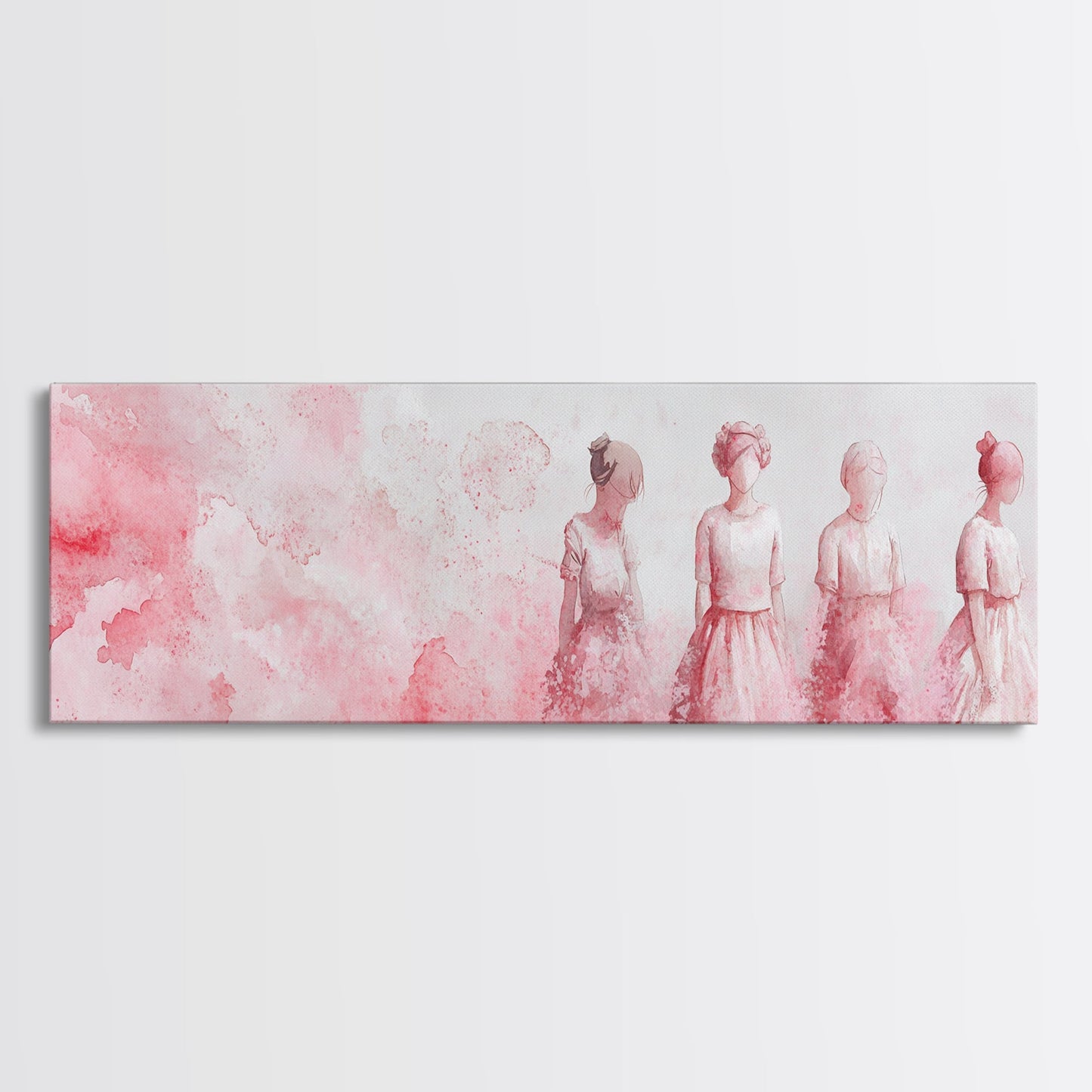 Four Women Canvas Print in Pink Abstract Art Style, Feminine Whimsical Aesthetic, Minimalist Living Room or Guest Room Horizontal Art