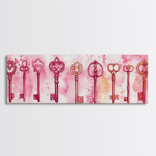 Light Pink Wall Art Framed Canvas Print Featuring Vintage Skeleton Keys Artwork, Rustic Decor Gift Idea, Horizontal Artwork Living Room