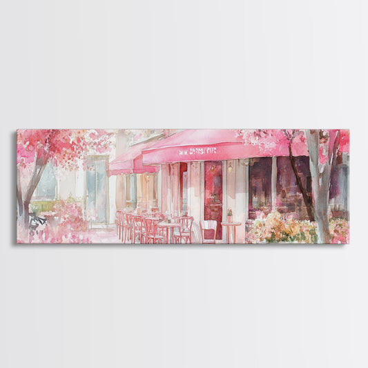 Cherry Blossom Art Framed Canvas Print of Romantic Pink Café Setting, Cozy Cottagecore Wall Art, Above Couch Horizontal Artwork Idea