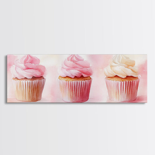 Cupcake Painting Framed Canvas Print Featuring Light Pink Frosting Art, Whimsical Cottagecore Kitchen Decor, Horizontal Artwork Idea