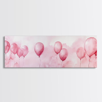 Balloon Painting Framed Canvas Print in Pastel Pink Hues, Whimsical Horizontal Artwork, Light Pink Wall Art for Living Room Decor