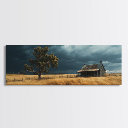 Stormy Farmhouse Canvas Print Rustic Landscape Painting Smoky Mountain Art Horizontal Panoramic Wall Living Room Autumn Decor