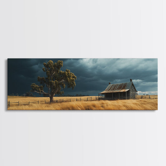 Stormy Farmhouse Canvas Print Rustic Landscape Painting Smoky Mountain Art Horizontal Panoramic Wall Living Room Autumn Decor