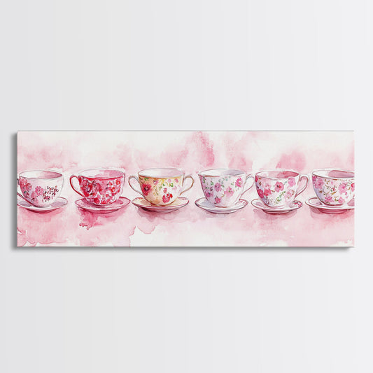 Floral Teacups Canvas Print Whimsical Art Kitchen Decor Light Pink Wall Art Farmhouse Art Cottagecore Dining Room Art Rustic Decor