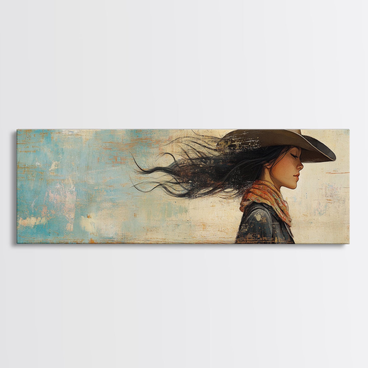 Cowgirl Canvas Print Southwest Wall Art Minimalist Boho Art Afrocentric Painting Extra Wide Horizontal Artwork Decor