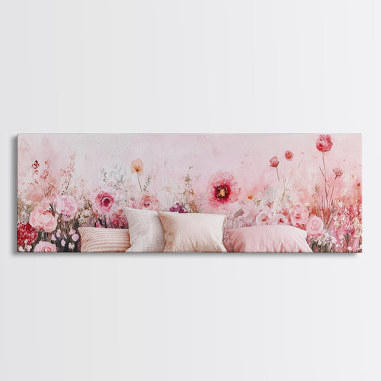 Framed Canvas Print Light Pink Wall Art Wildflower Painting Cottagecore Bedroom Art Rustic Boho Panoramic Painting Above Sofa Art