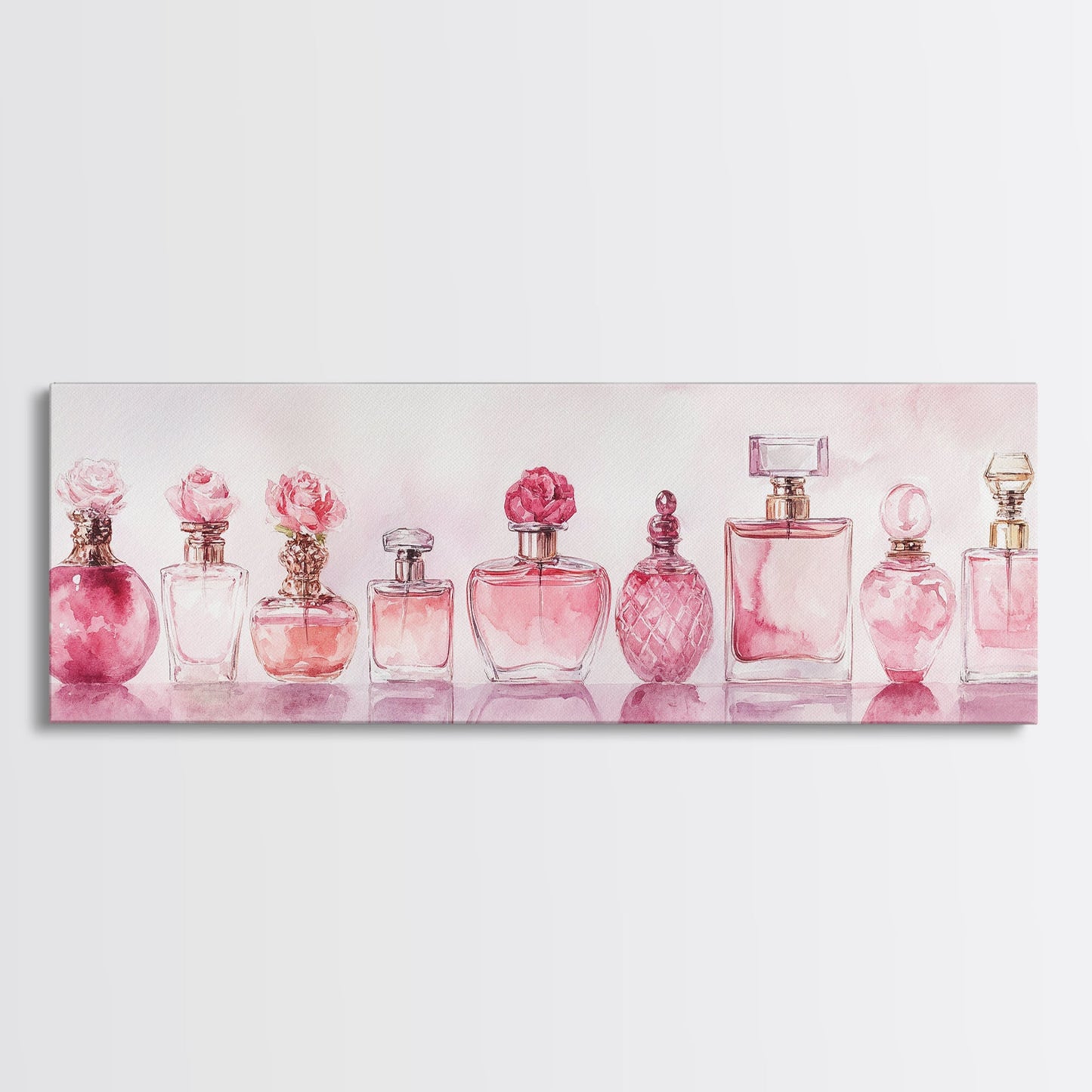 Framed Canvas Print Perfume Bottle Art Pink Abstract Art Feminine Decor Gift Idea Minimalist Living Room Wall Art Horizontal Painting