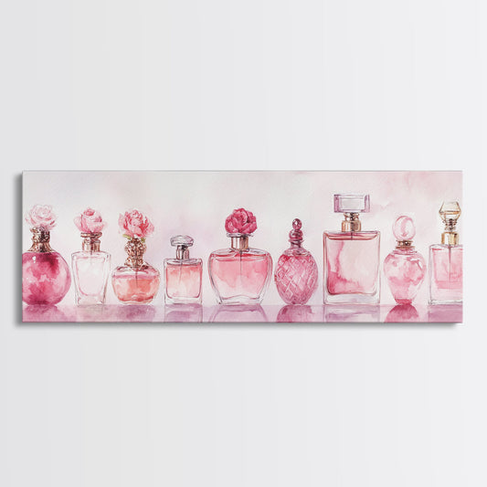 Framed Canvas Print Perfume Bottle Art Pink Abstract Art Feminine Decor Gift Idea Minimalist Living Room Wall Art Horizontal Painting