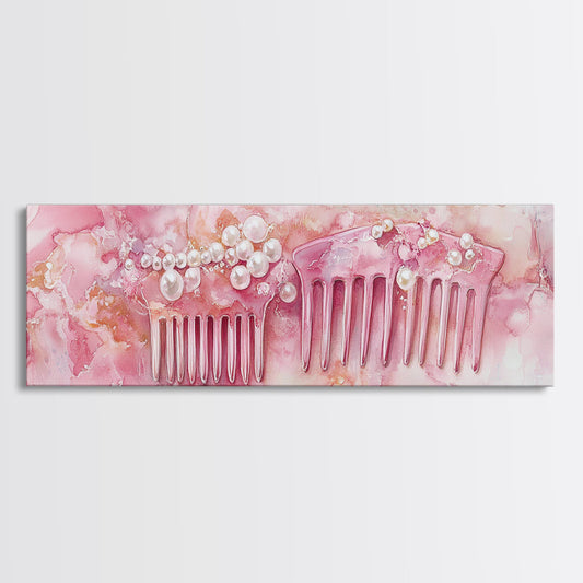 Framed Canvas Print Pearl Comb Art Feminine Boho Rustic Wall Art Cottagecore Bedroom Decor Light Pink Abstract Painting Minimalist
