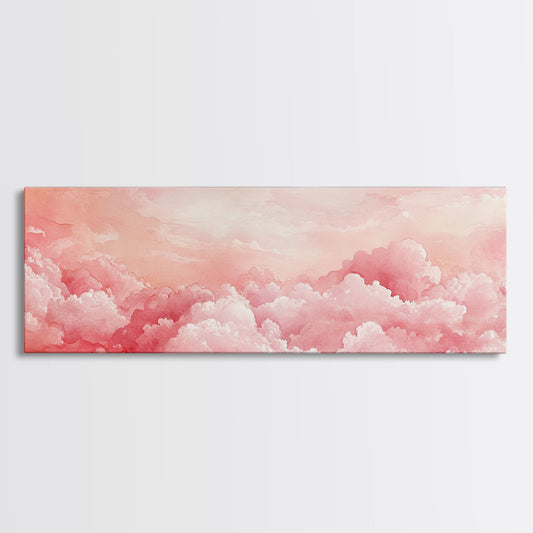 Pink Cloudscape Framed Canvas Print Light Pink Wall Art Above Sofa Horizontal Art Moody Sky Coastal Decor Gift Idea For Her Bedroom Art