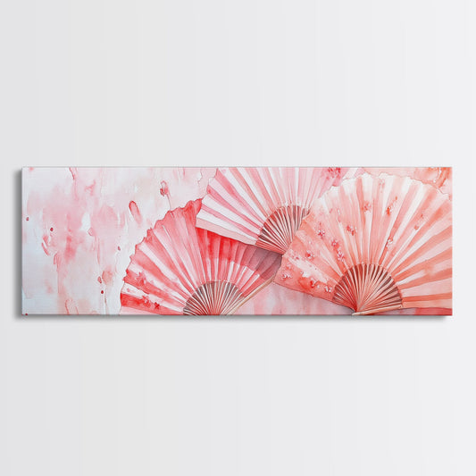 Cherry Blossom Fans Framed Canvas Print Light Pink Wall Art Cottagecore Boho Art Chinoiserie Style Above Couch Gift Idea Rustic Bedroom Decor