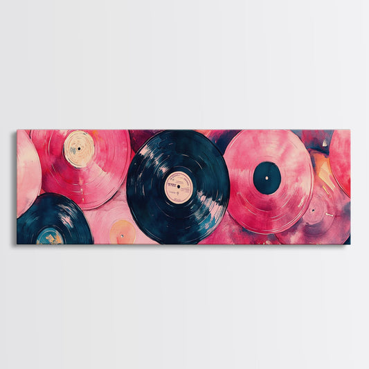 Vintage Vinyl Records Artwork, Framed Canvas Print, Retro Light Pink Wall Art, Whimsical Music Room Decor, Living Room Art Statement