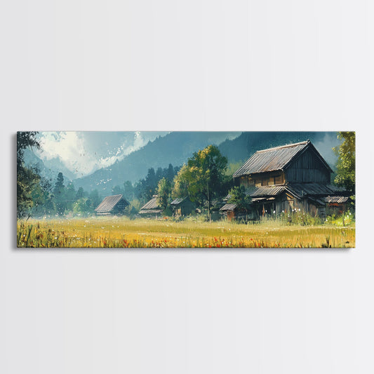 Japanese Village Canvas Print Rustic Cottagecore Art Botanical Wildflower Painting Farmhouse Landscape Guest Room Wall Art