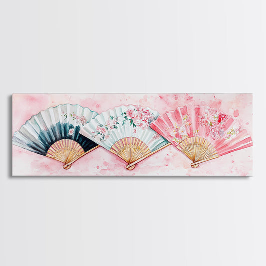 Floral Hand Fan Art Framed Canvas Print Chinoiserie Pink Wall Art Botanical Prints Horizontal Bedroom Living Room Décor Gift Idea