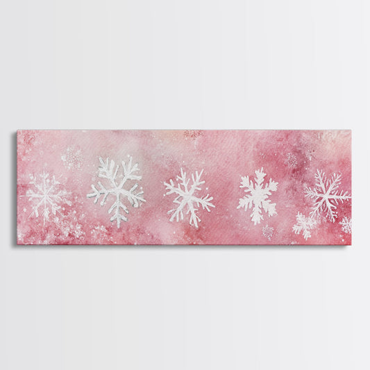 Framed Canvas Print of Snowflakes on Pink Background Featuring Cozy Winter Wall Art or Light Holiday Bedroom Seasonal Decor