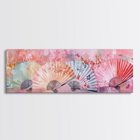 Framed Canvas Print of Cherry Blossom Painting with Colorful Fans Perfect as Japanese-Inspired Rustic Wall Art or Guest Room Decor