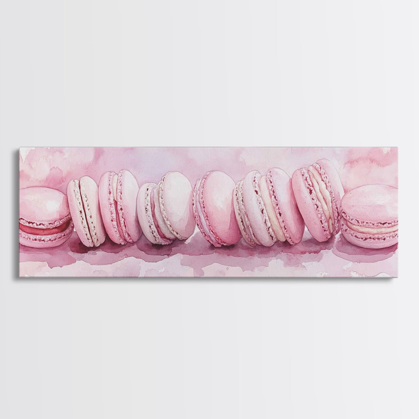 Whimsical Macarons Pink Wall Art Framed Canvas Print Extra Wide Horizontal Dessert Painting Food Review Kitchen Art
