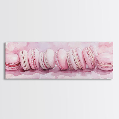 Whimsical Macarons Pink Wall Art Framed Canvas Print Extra Wide Horizontal Dessert Painting Food Review Kitchen Art