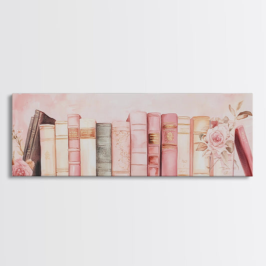 Vintage Book Shelf Framed Canvas Print Light Pink Wall Art Botanical Prints Rustic Decor Above Couch Horizontal Artwork