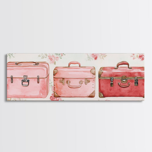 Retro Suitcase Floral Pink Wall Art Framed Canvas Print Cottagecore Rustic Decor Bedroom Art Long Narrow Travel Art