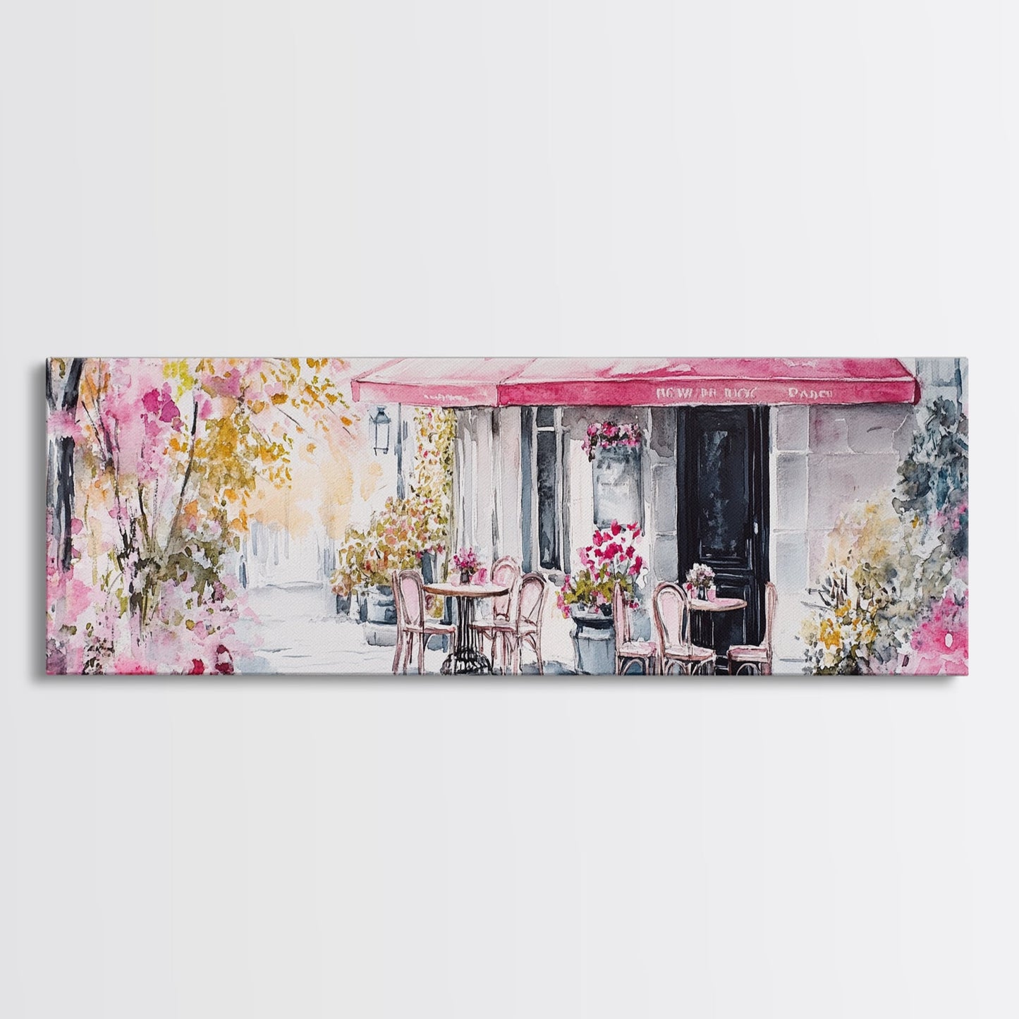 Parisian Cafe Cherry Blossom Painting Framed Canvas Print Extra Wide Art Horizontal Wall Art Rustic Above Sofa Decor