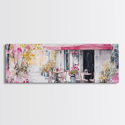 Parisian Cafe Cherry Blossom Painting Framed Canvas Print Extra Wide Art Horizontal Wall Art Rustic Above Sofa Decor
