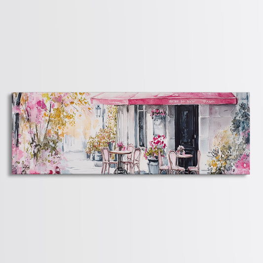 Parisian Cafe Cherry Blossom Painting Framed Canvas Print Extra Wide Art Horizontal Wall Art Rustic Above Sofa Decor