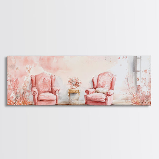 Vintage Armchairs Cottagecore Wall Art Framed Canvas Print Light Pink Botanical Prints Rustic Decor Guest Room Art