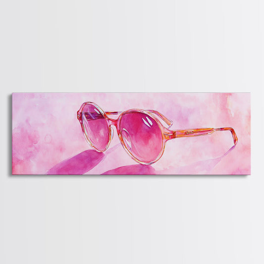 Retro Sunglasses Pink Wall Art Framed Canvas Print Light Pink Horizontal Wall Art Rustic Decor Fashion Illustration Art