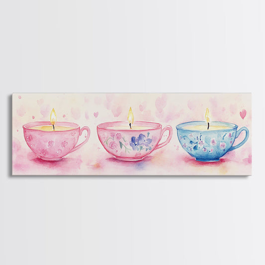 Vintage Teacup Candle Canvas Print Cozy Cottagecore Art Rustic Living Room Decor Light Pink Aesthetic Bedroom Wall Art Gift Idea